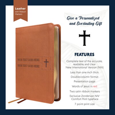 Personalized NIV Bible New International Version, Compact Thinline Holy Bible, Brown Soft Leather Look Custom Bible Cover, Double Column - image3